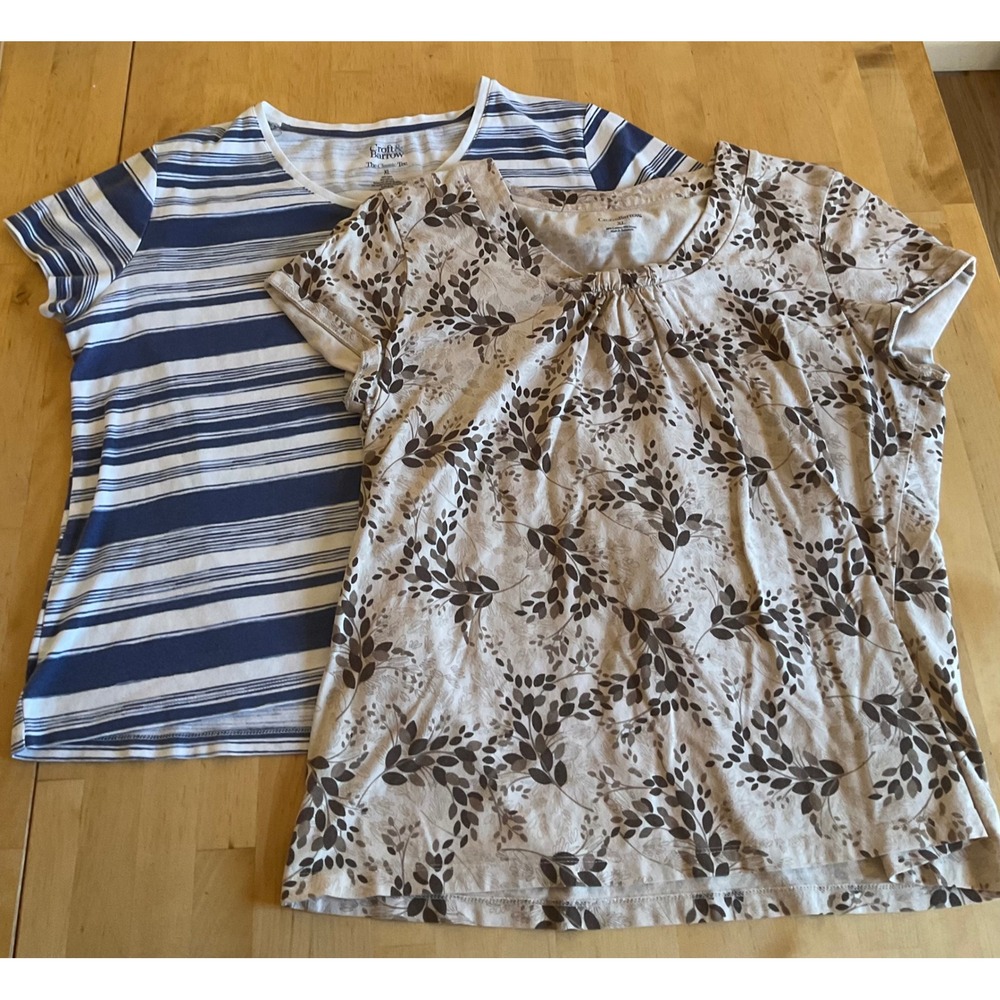 Croft & Barrow Womens XL Short Sleeve Top Lot 2 Floral Leaf Striped Cotton Tee